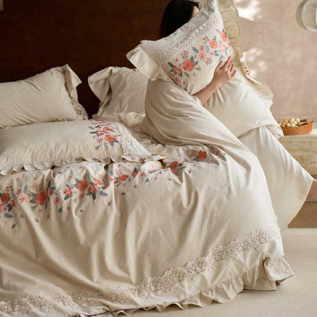 Embroidered Floral Ruffled Cotton Duvet Cover Set