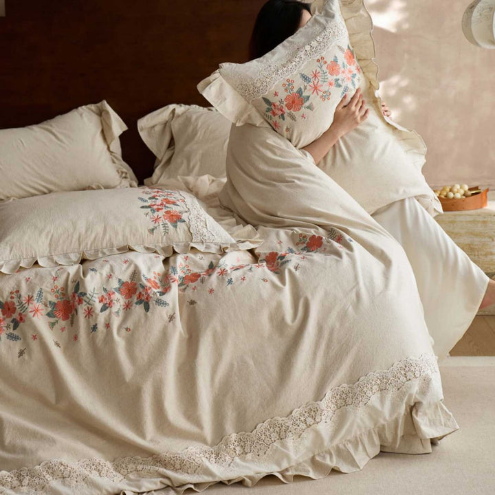 Embroidered Floral Ruffled Cotton Duvet Cover Set
