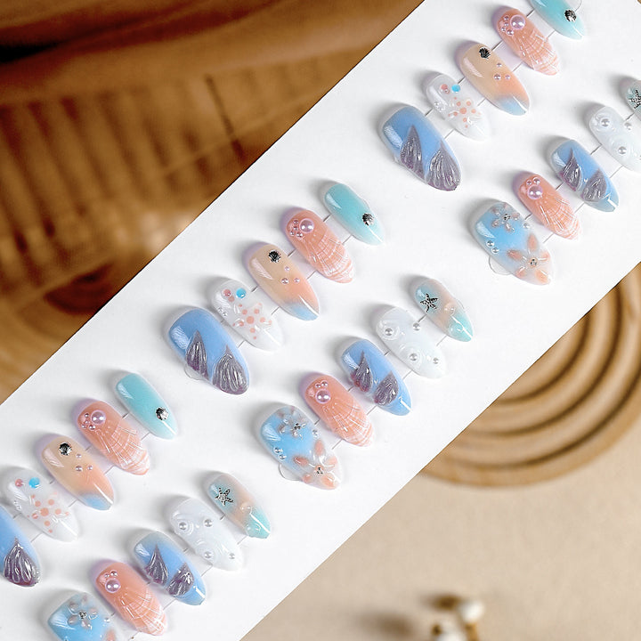 Artistic Nail Art Press-On Set with Oceanic-Inspired Designs Stornfield