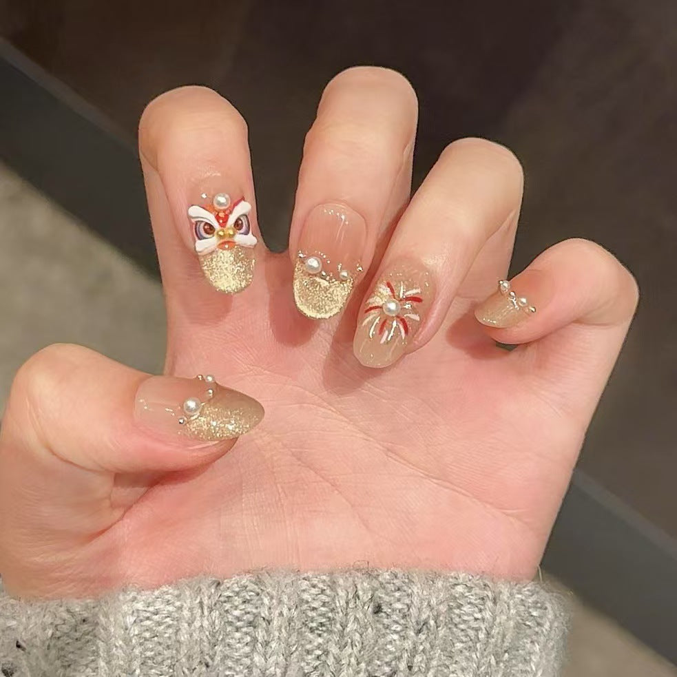 Decorative Press-On Nail Art Set with 3D Floral and Gem Accents