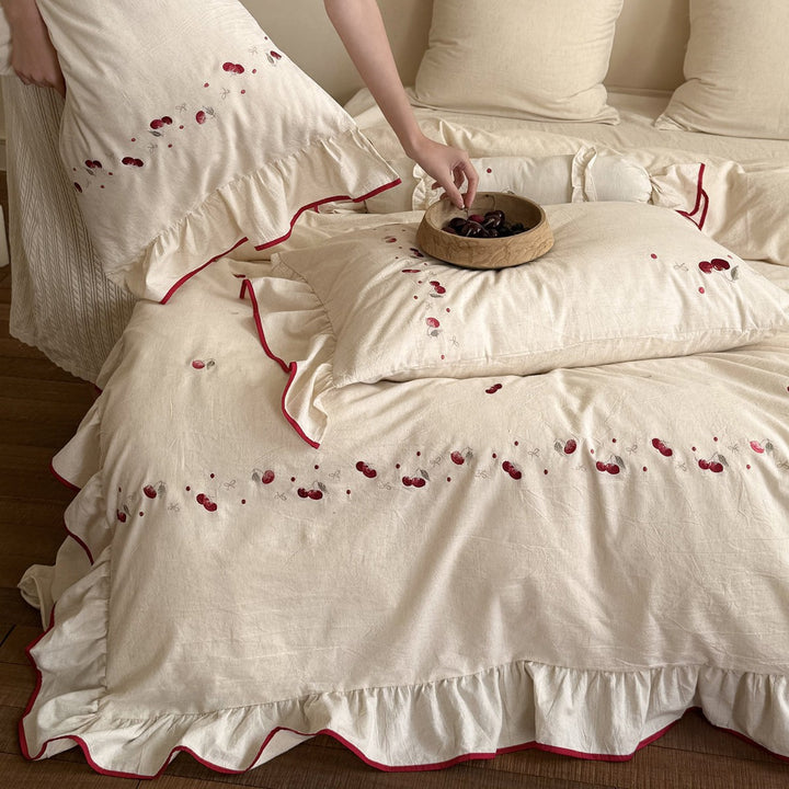 Embroidered Cherry Ruffle Cotton-Linen Duvet Cover Set with Decorative Bolster