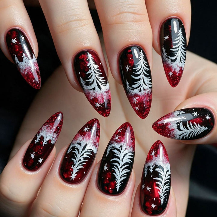 Artificial nails in elegant winter design with 3D Christmas tree motifs Stornfield