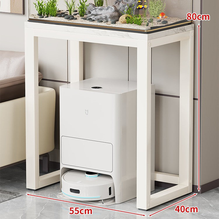 Gold Metal Aquarium Console Table with Faux Marble Top and Robot Vacuum Storage