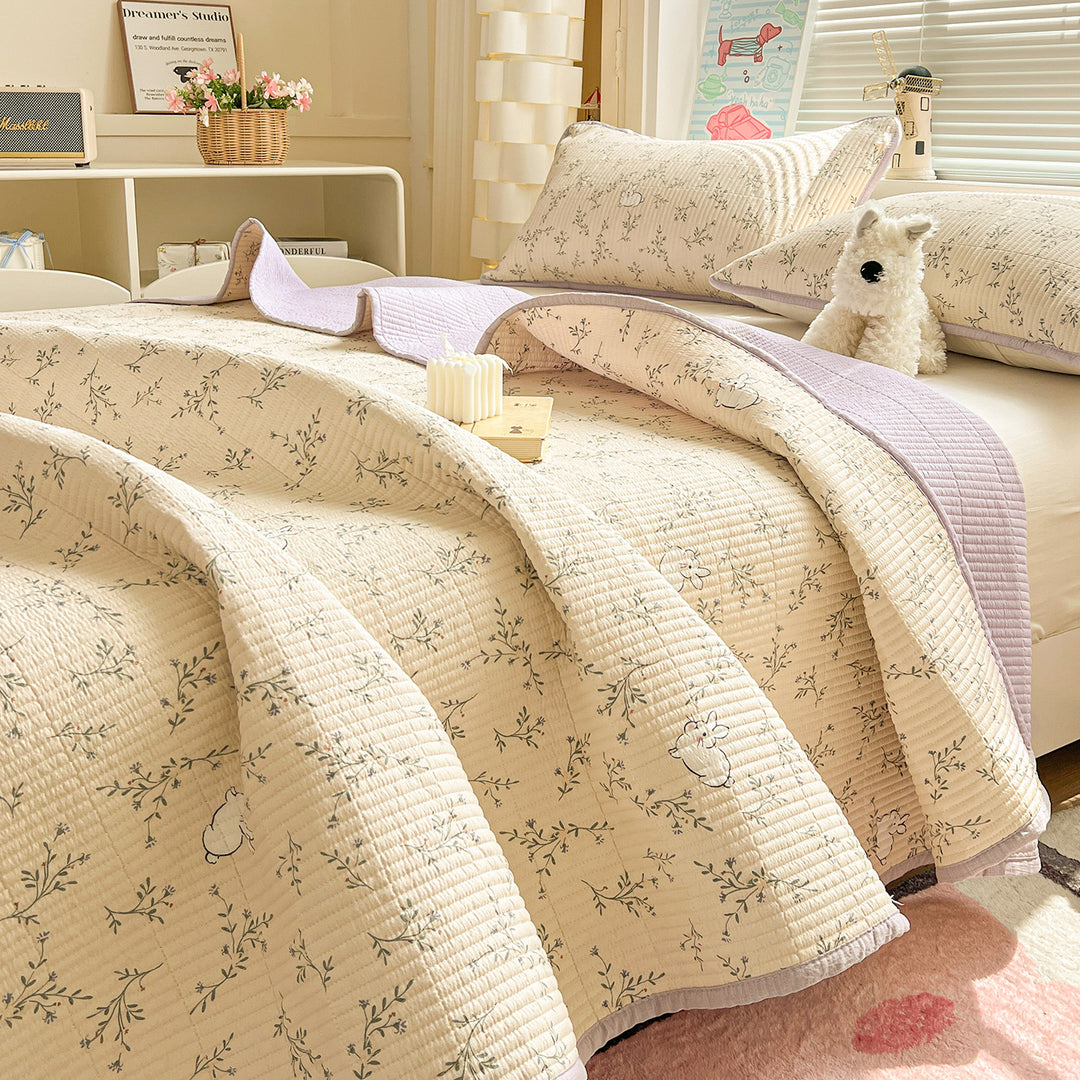 Textured Botanical Print Quilted Bedspread