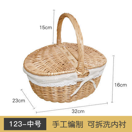Women's braided basket with checkered fabric insert and decorative lace embellishment Stornfield