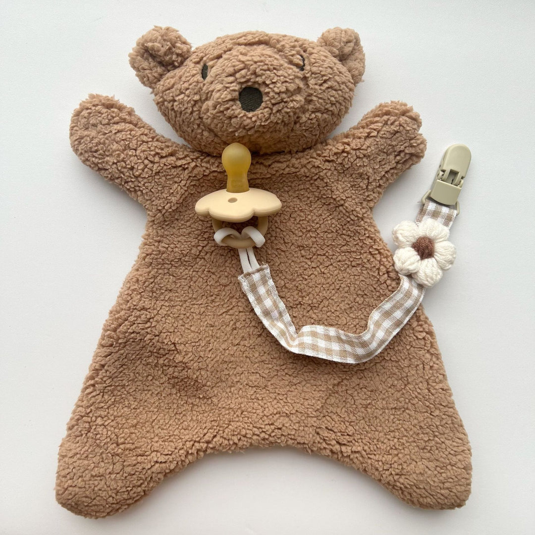 Floral Knit Pacifier Clip with Gingham Cotton Strap