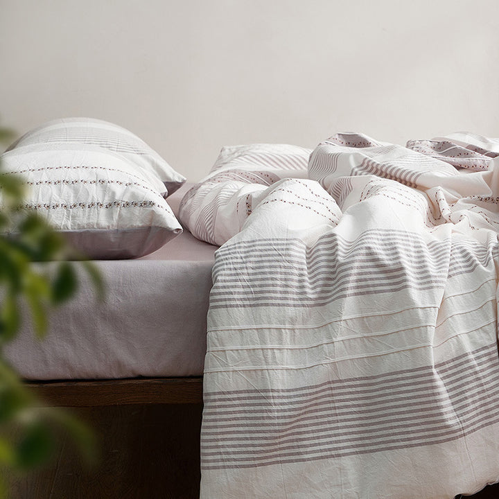 Cotton Sateen Floral-Striped Duvet Cover and Pillowcase Set