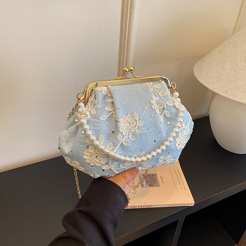 Embroidered Clutch Handbag with Pearl Accents