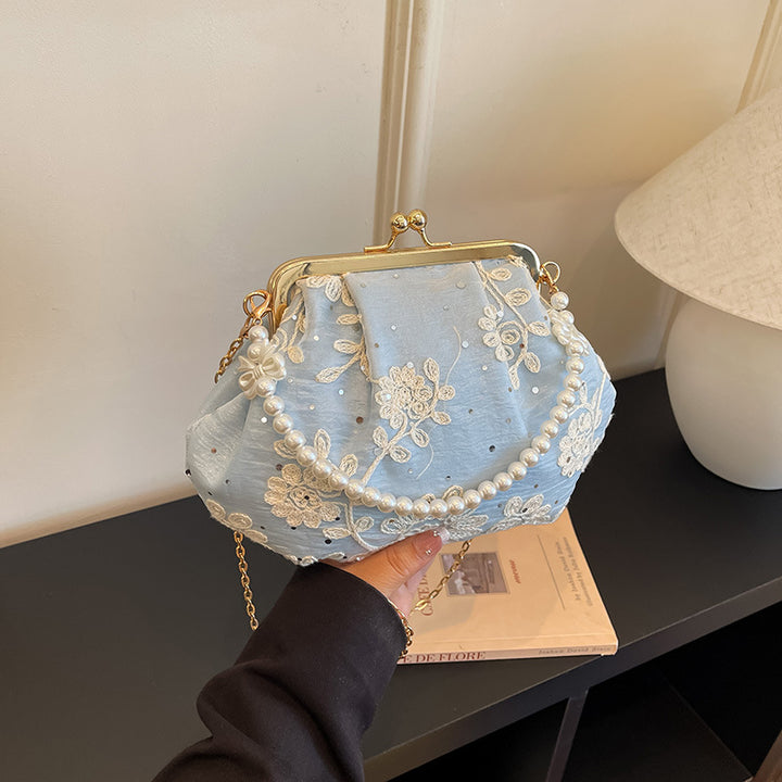 Embroidered Clutch Handbag with Pearl Accents