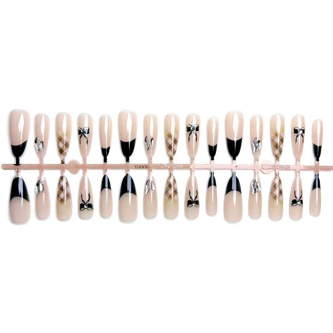 Elegant Press-On Nail Art Set with Stylish Bow and Geometric Designs