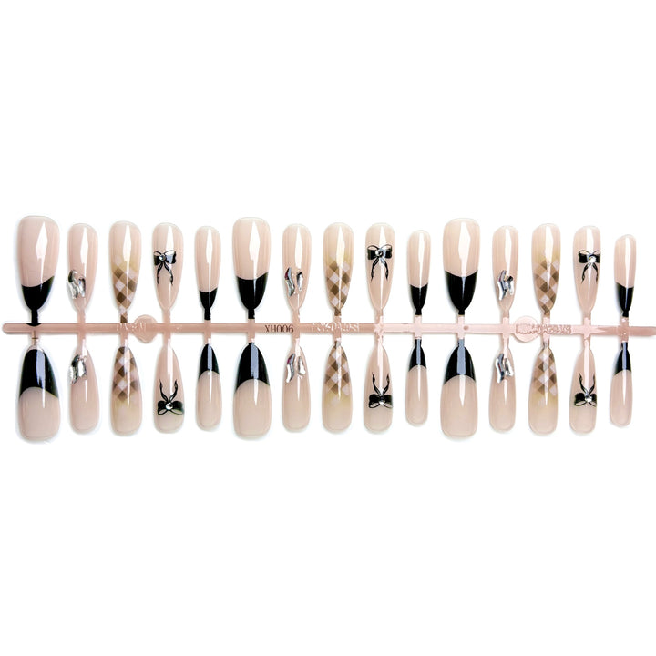 Elegant Press-On Nail Art Set with Stylish Bow and Geometric Designs