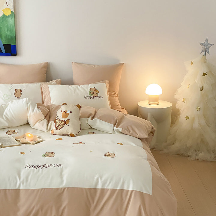 Embroidered Capybara Cotton-Sateen Duvet Cover Set with Pillow Shams and Plush Cushion