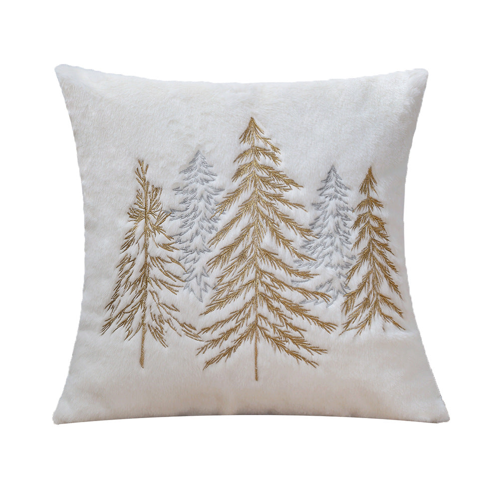 Square decorative cushion cover made of faux fur with embroidered Christmas tree motif Stornfield