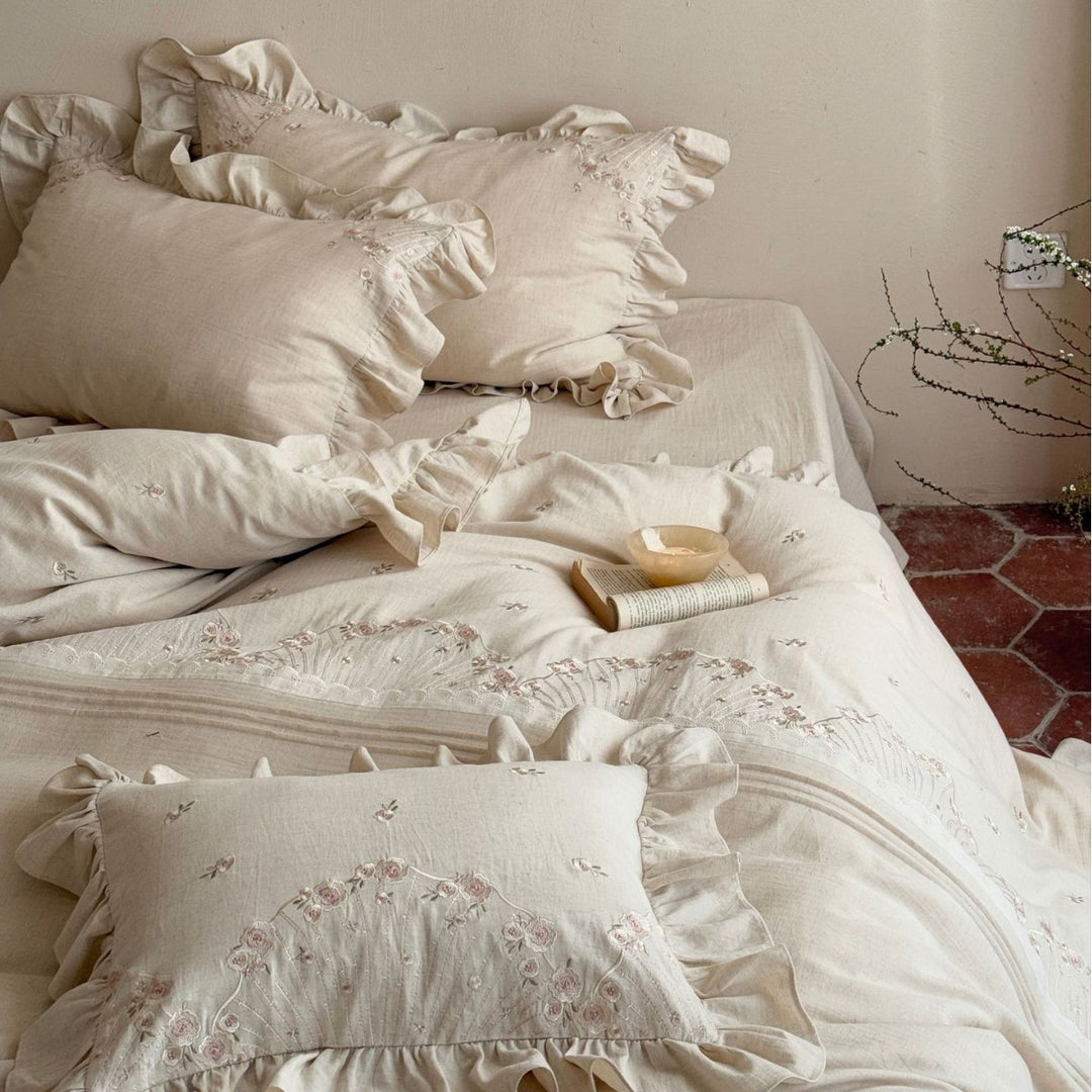 Ruffled Embroidered Linen Duvet Cover Set with Frilled Sham Pillowcases