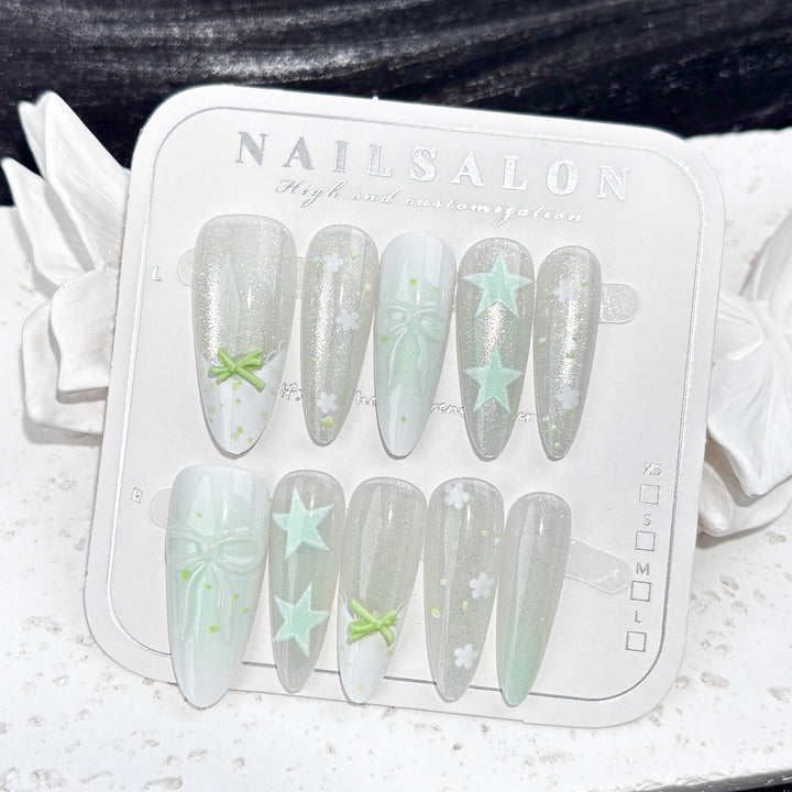 Artistic Press-On Nail Set with Star and Floral Design
