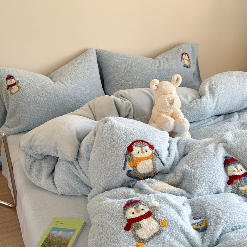 Plush Sherpa Embroidered Penguin Reversible Comforter Set with Pillow Shams and Decorative Cushion