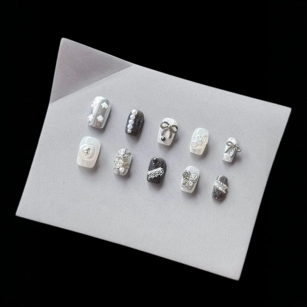 Decorative Press-On Nail Art Set with Rhinestone and Bow Accents