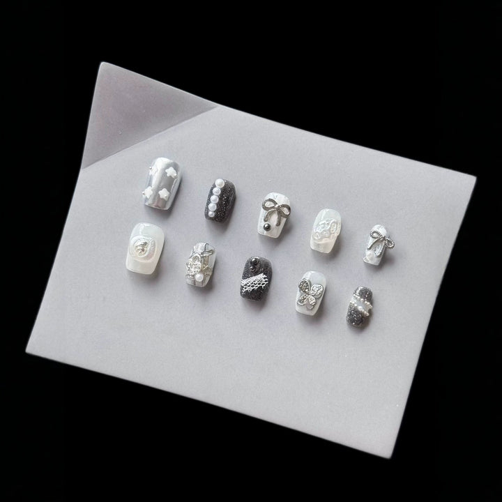 Decorative Press-On Nail Art Set with Rhinestone and Bow Accents