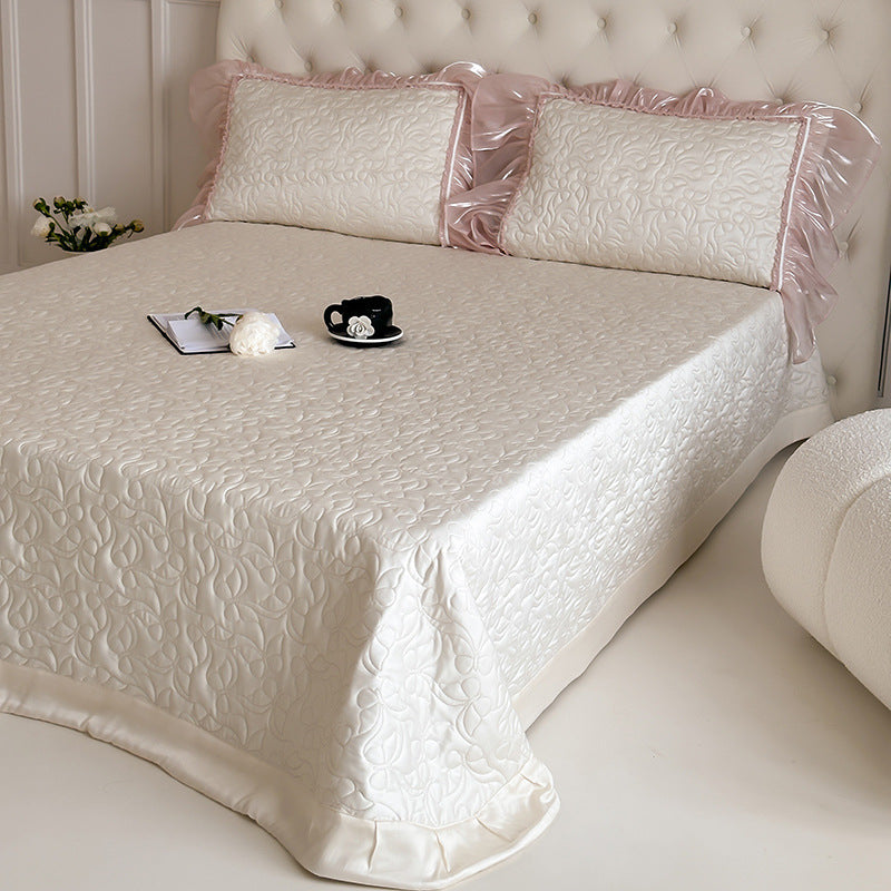 Luxurious satin bedding set with fine ruffle trimming & embroidered butterfly motifs