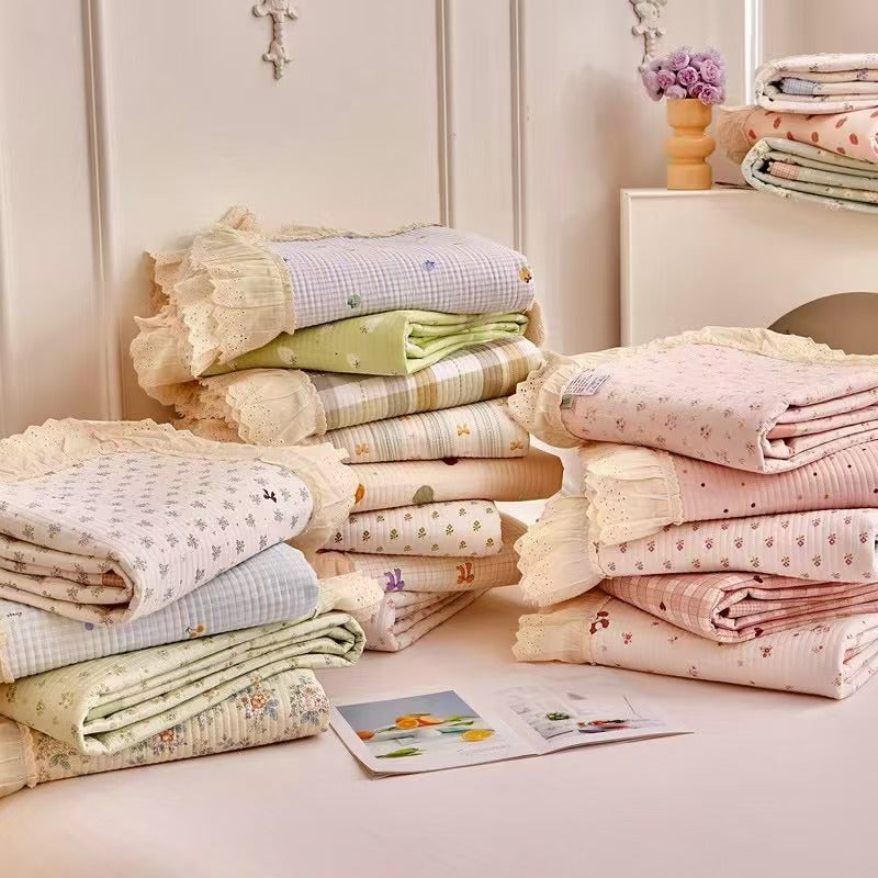 Quilted Floral Reversible Throw Blanket with Eyelet Lace Ruffle
