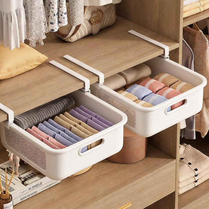 Under-Shelf Sliding Mesh Drawer Organizer with Clip-On Mount and Ventilated Metal Basket