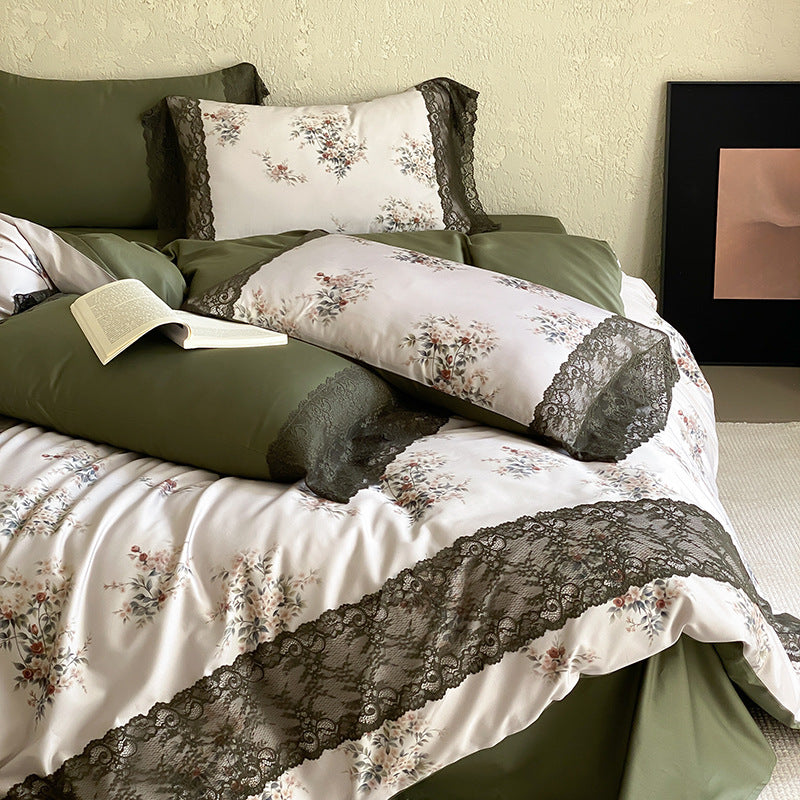 Satin bed linen set with floral print and delicate lace trim