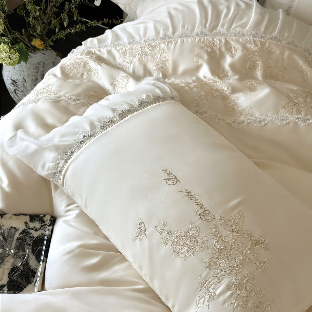 Embroidered Satin-Blend Duvet Cover Set with Layered Ruffled Bedskirt and Lace-Trim