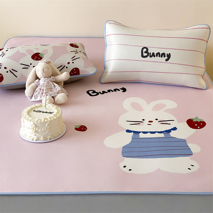 Children's mattress topper and fitted sheet set with non-slip corner fasteners and cute dog design