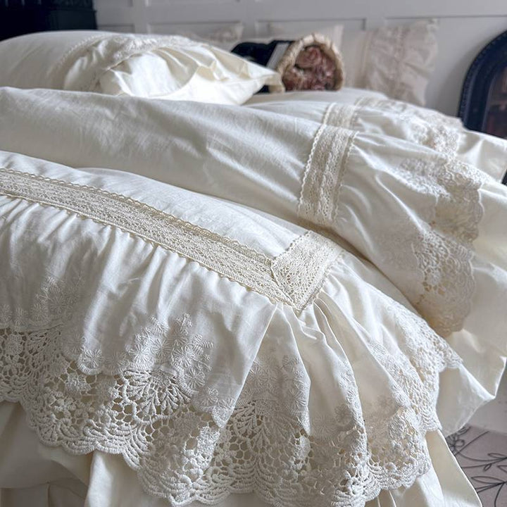 Vintage Lace Ruffled Cotton Duvet Cover Bedding Set