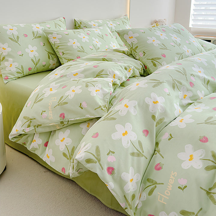 Rose-Print Cotton Sateen Duvet Cover Ensemble with Hypoallergenic Down-Alternative Comforter