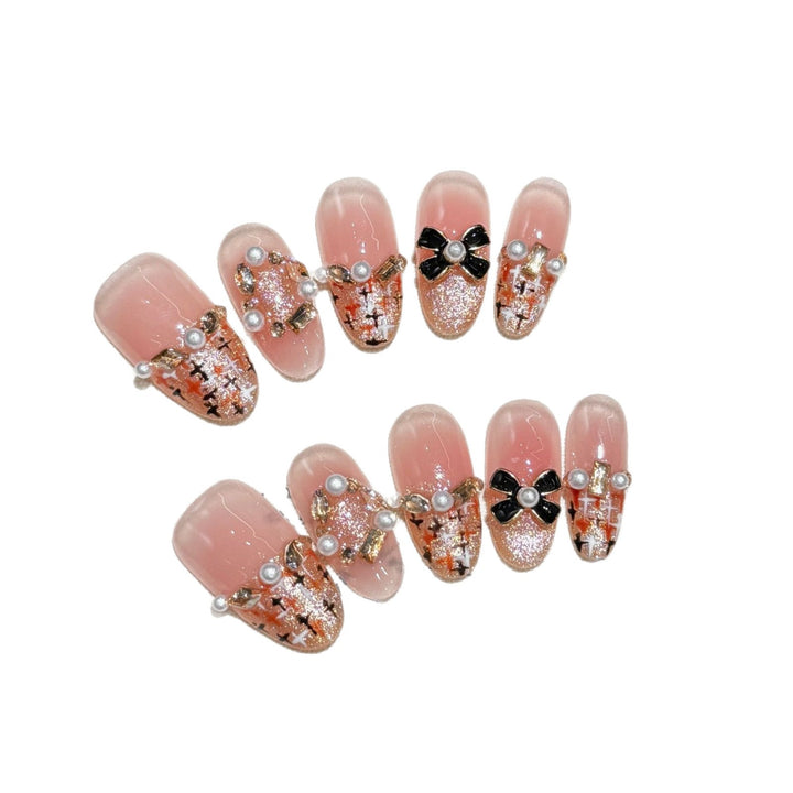 Decorative Press-On Nail Art Set with Pearl and Bow Accents