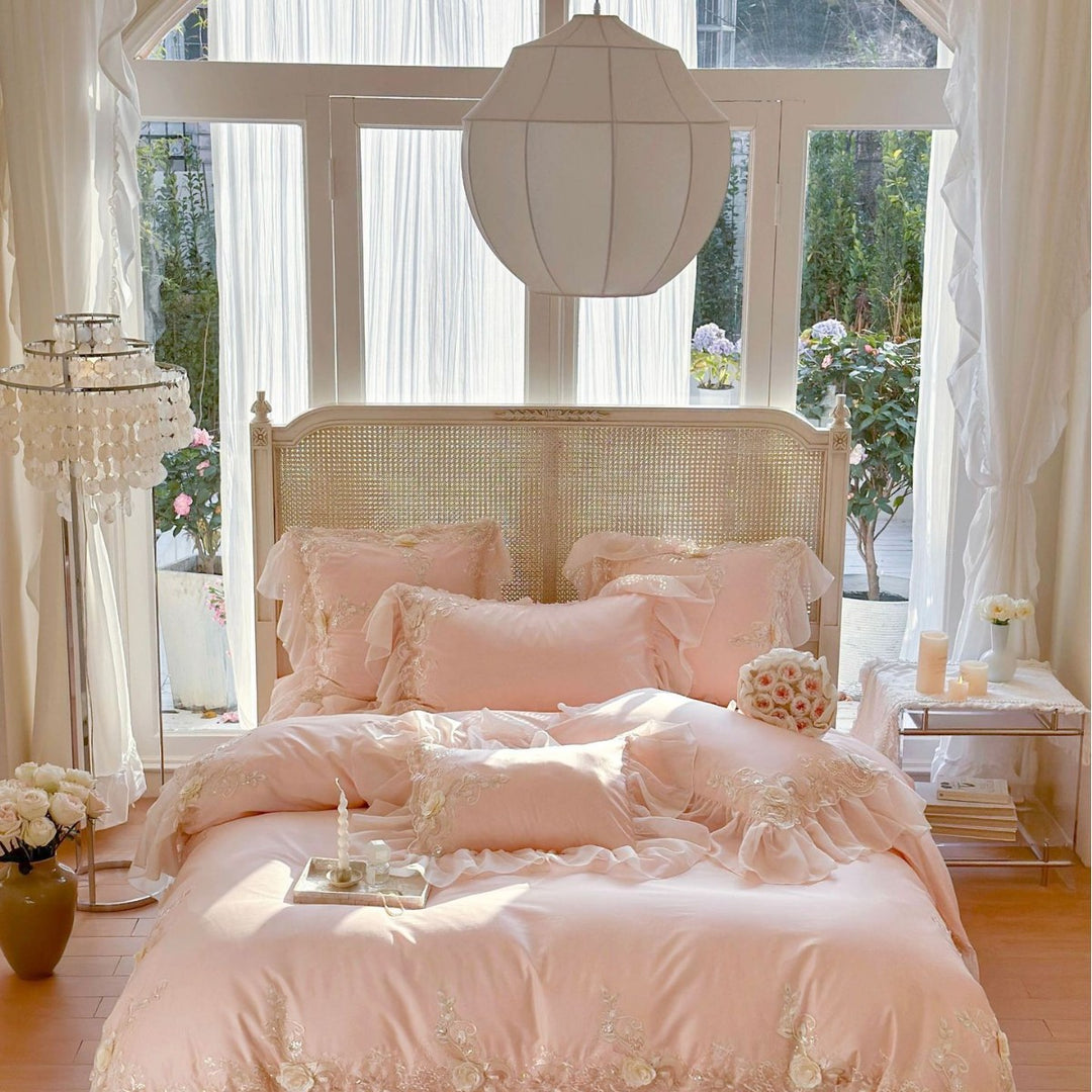 Luxurious embroidered bedding set with ruffles and lace