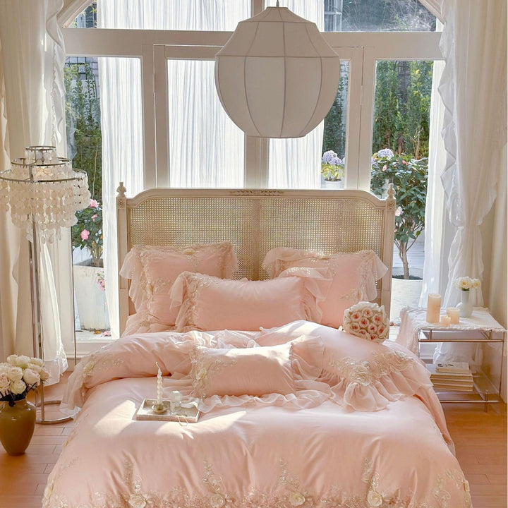 Luxurious embroidered bedding set with ruffles and lace