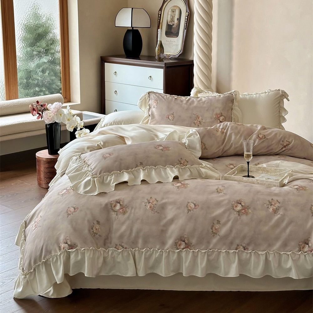 Vintage Ruffled Floral Duvet Cover Ensemble with Pillow Shams
