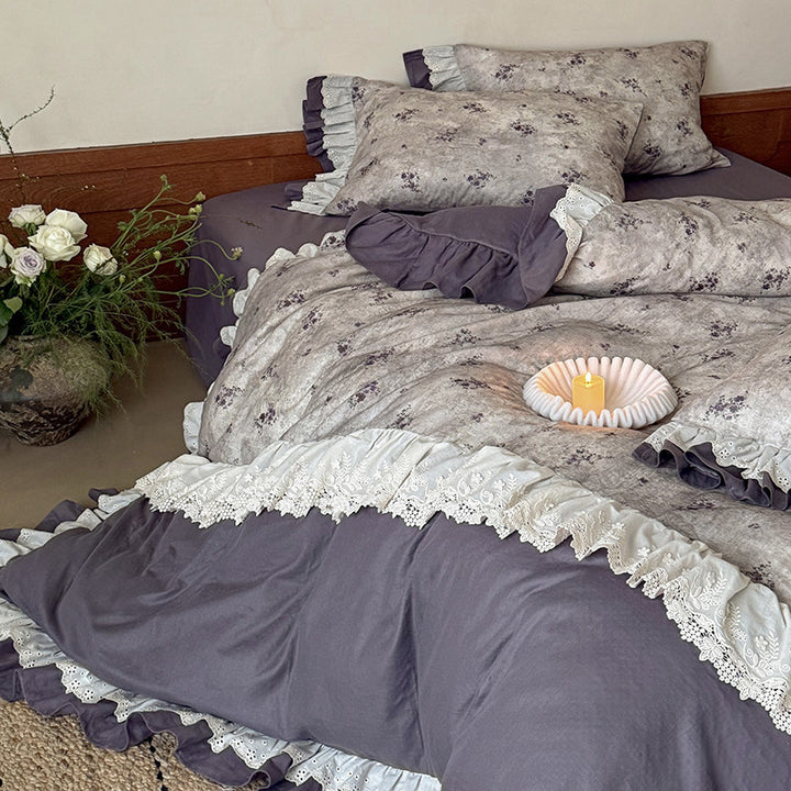 Reversible Floral-Print Ruffled Duvet Cover Set with Eyelet Lace Trim and Matching Shams