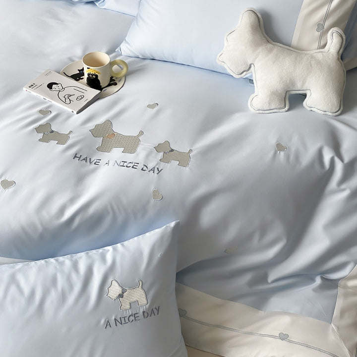 Cute Embroidered Dog Motif Cotton Sateen Duvet Cover Set with Heart Border and Pillow Shams