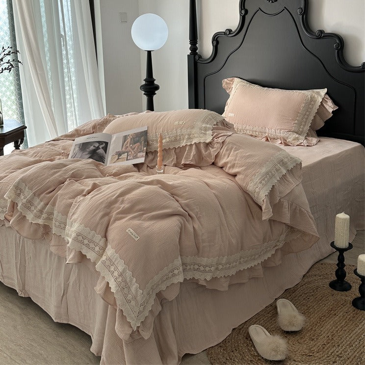 Ruffled Lace-Trim Cotton Duvet Cover Set with Decorative Pillow Shams and Bed Skirt