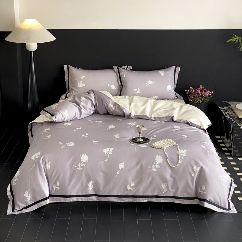 Reversible Satin-Finish Floral Duvet Cover Set with Contrast Border and Pillow Shams