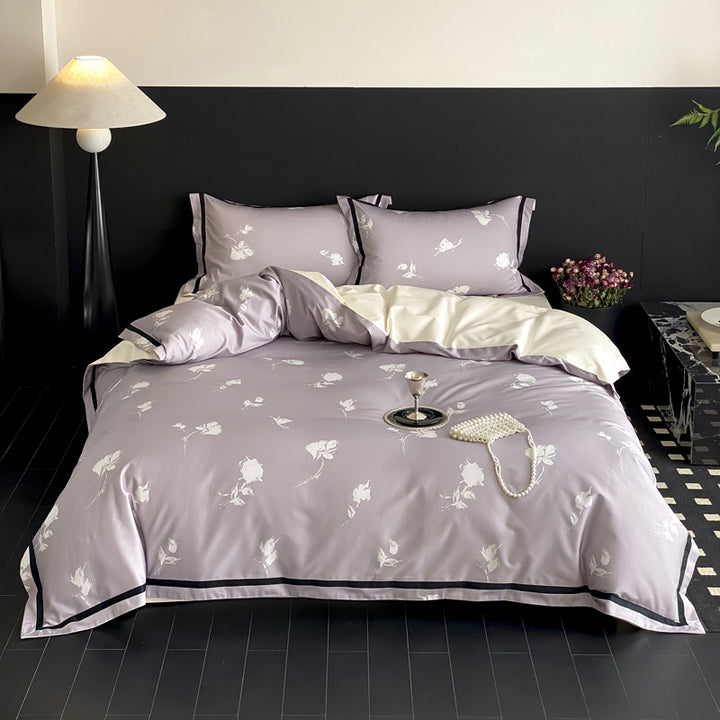 Reversible Satin-Finish Floral Duvet Cover Set with Contrast Border and Pillow Shams