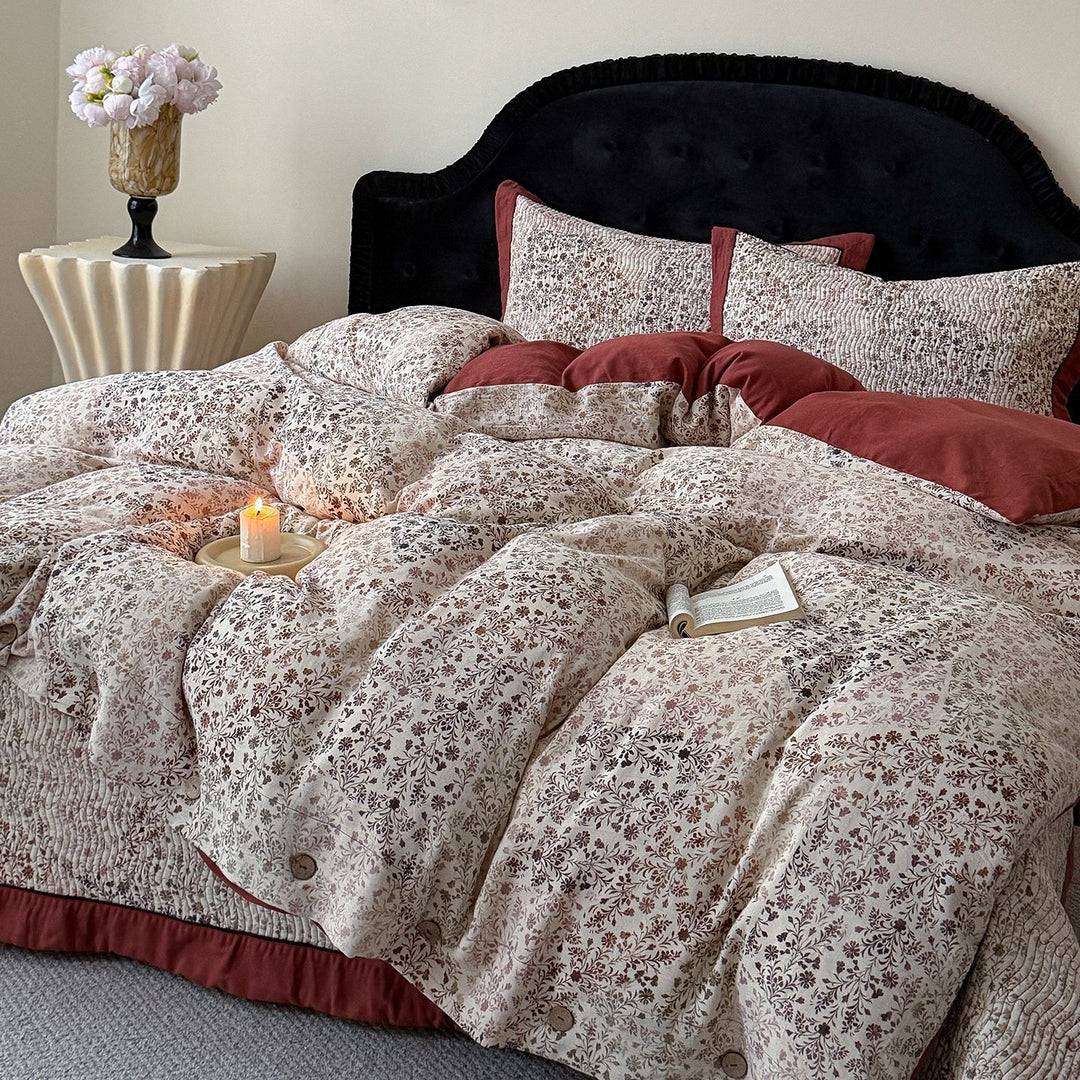 Patterned Quilted Reversible Duvet Cover Set with Button Closure and Piped Edge