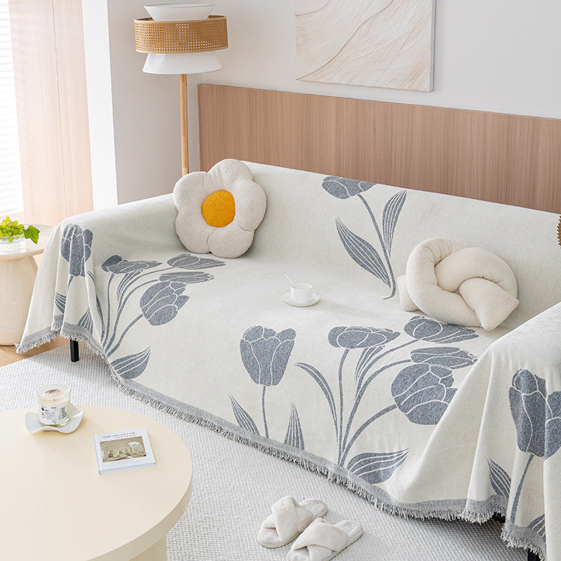 Floral Jacquard Fringed Sofa Throw Cover Cotton-Linen Blend