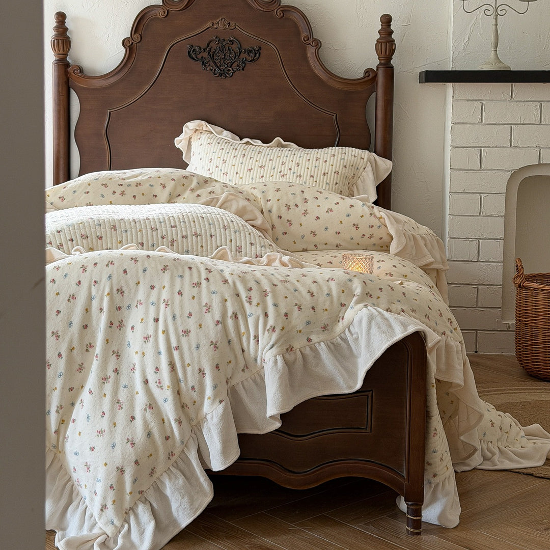Floral Quilted Ruffled Duvet Cover Set with Gathered Pillow Shams