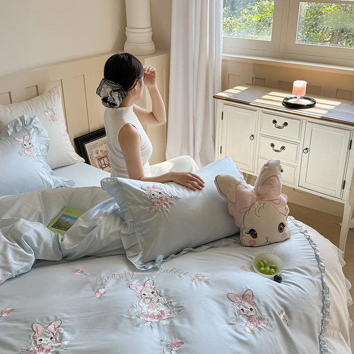Embroidered Ruffled Cotton-Sateen Bunny Duvet Cover Set