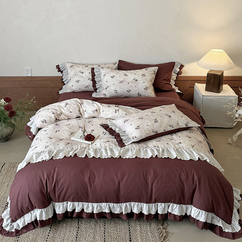 Reversible Floral-Print Ruffled Duvet Cover Set with Eyelet Lace Trim and Matching Shams