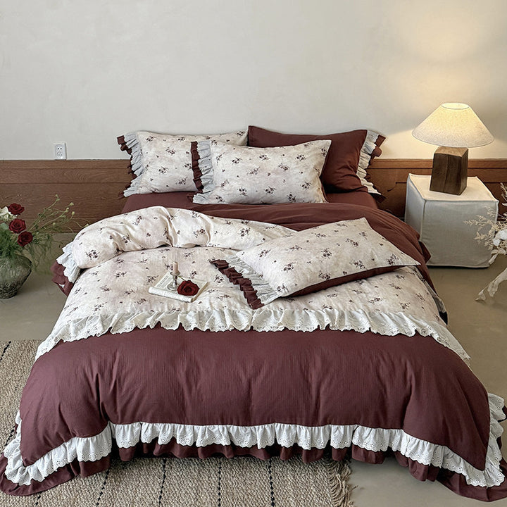 Reversible Floral-Print Ruffled Duvet Cover Set with Eyelet Lace Trim and Matching Shams