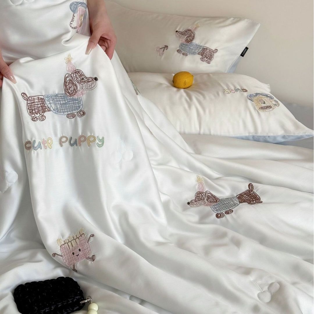 Silk Satin Bedding Set with Subtle Animal Embroidery and Luxurious Shine