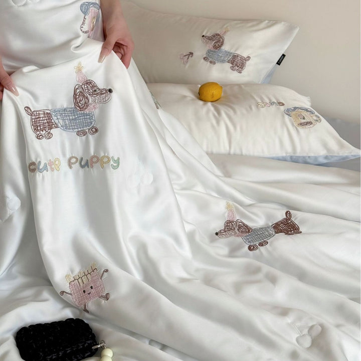 Silk Satin Bedding Set with Subtle Animal Embroidery and Luxurious Shine