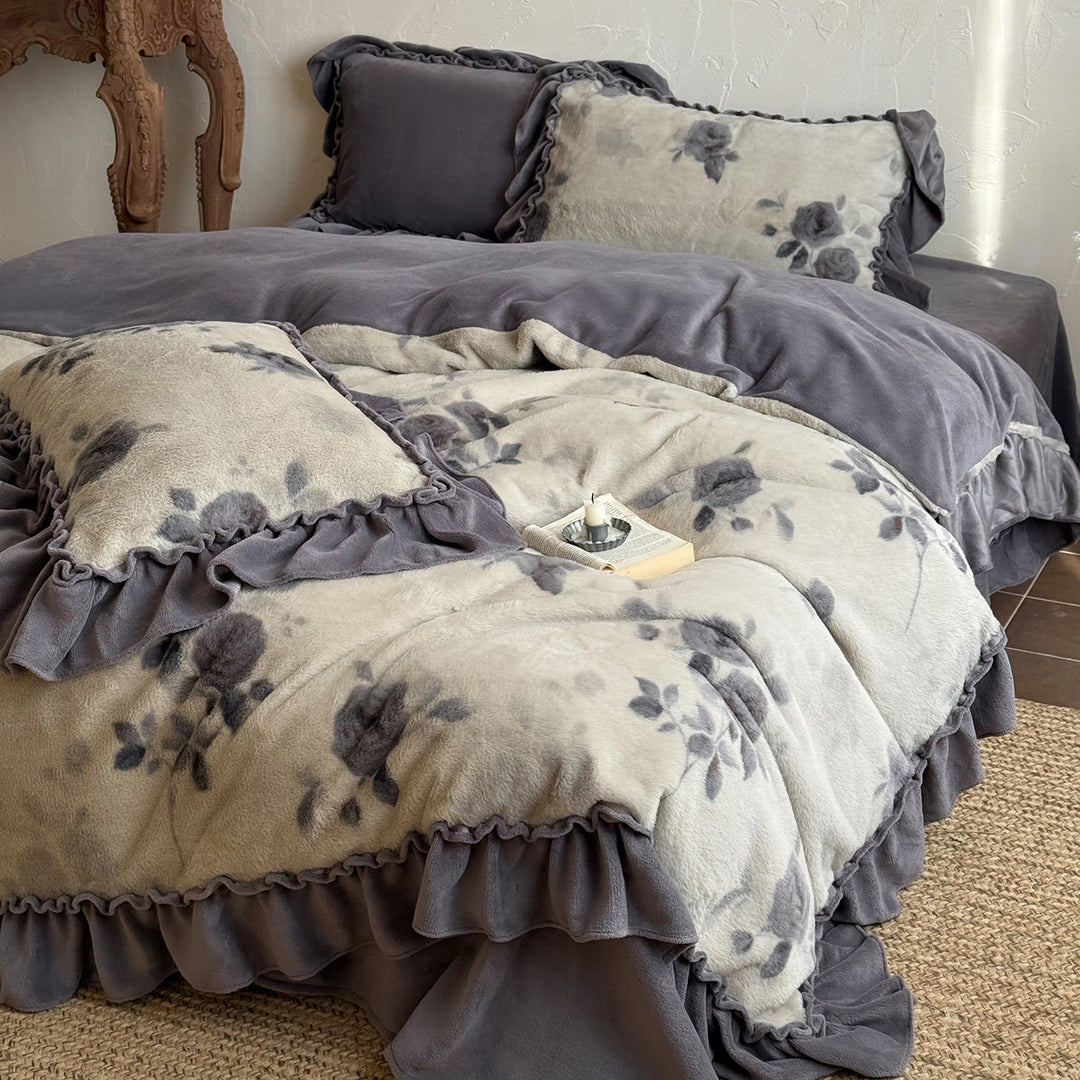 Ruffled Floral Plush Reversible Duvet Cover Set with Velvet Reverse & Decorative Pillow Shams
