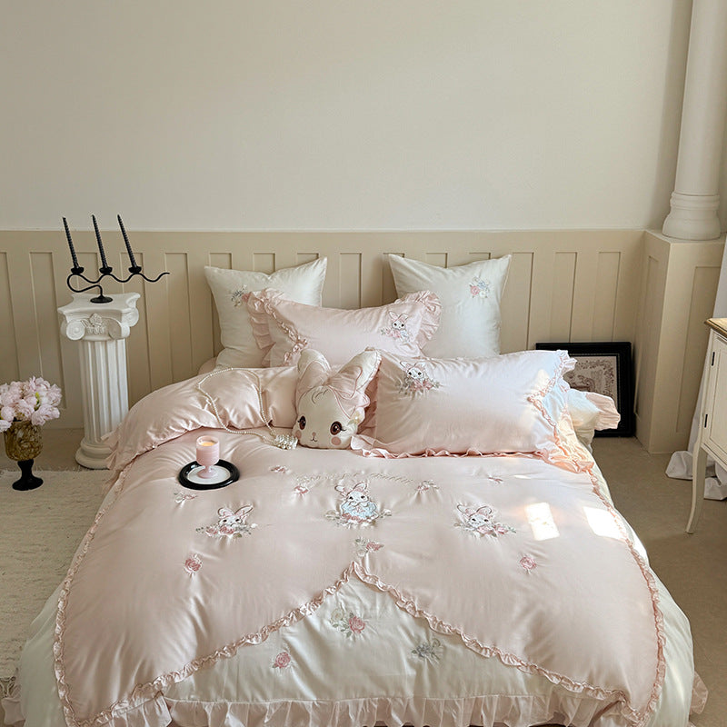 Embroidered Ruffled Cotton-Sateen Bunny Duvet Cover Set