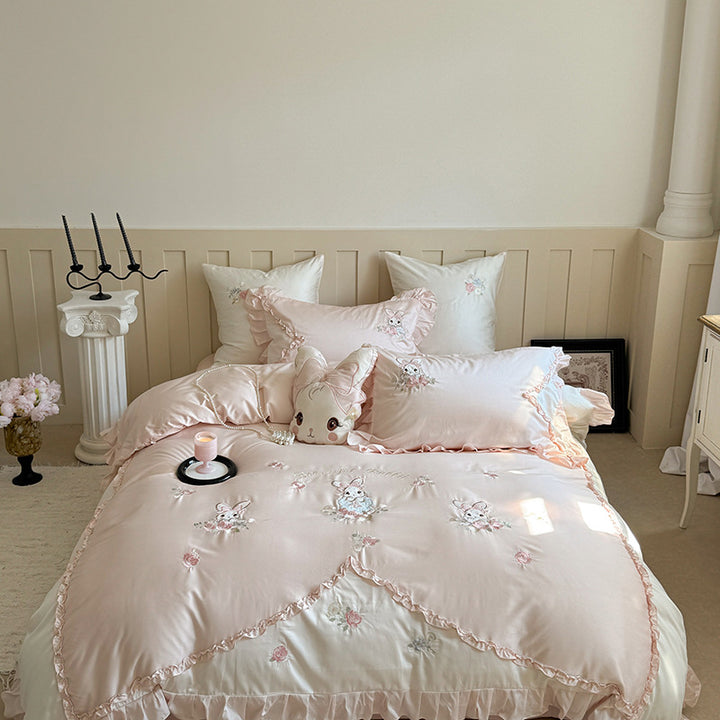 Embroidered Ruffled Cotton-Sateen Bunny Duvet Cover Set